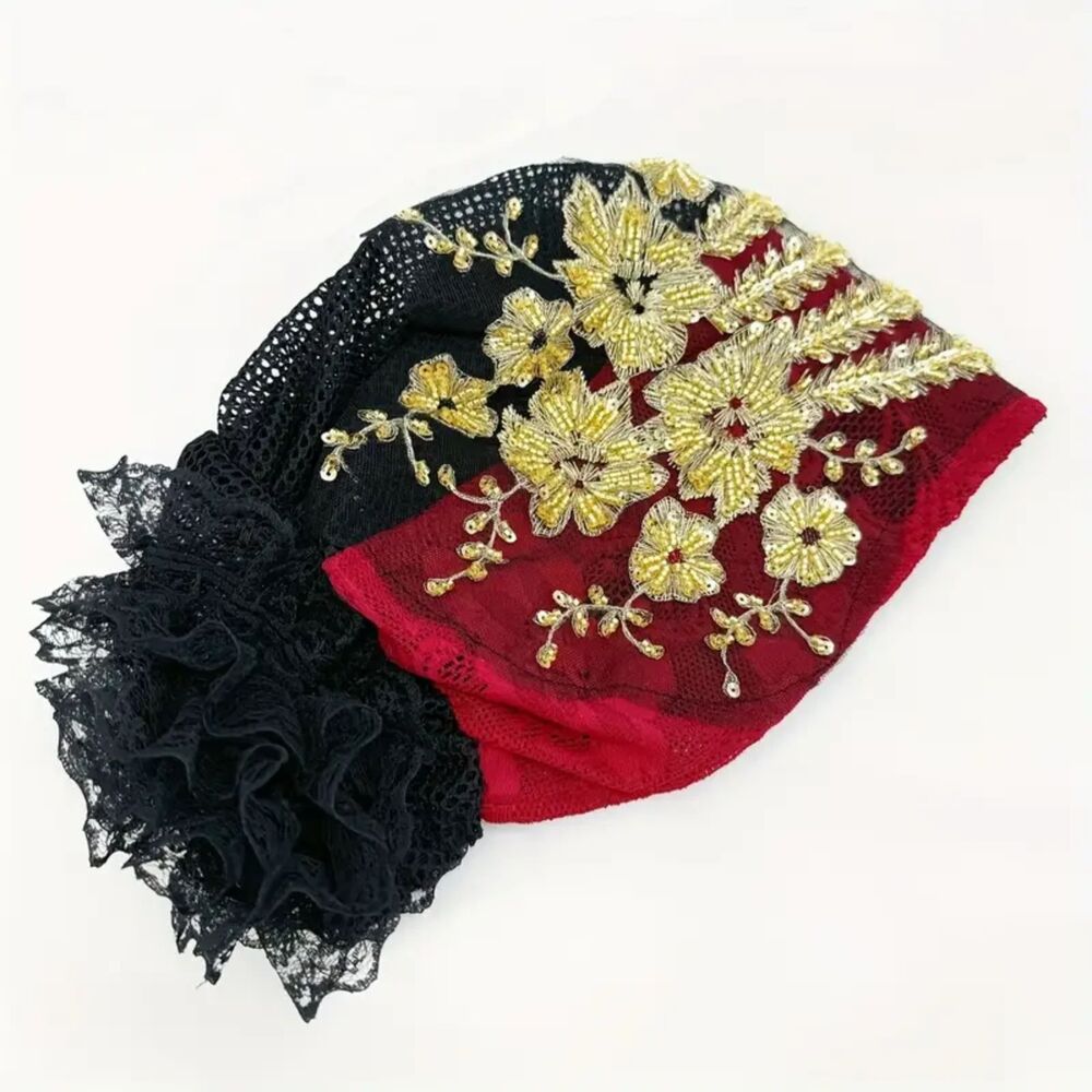 Red Beanie with Golden Beads Breathable Head Wrap and Chemo Cap Women & Girls - Picture 7 of 15